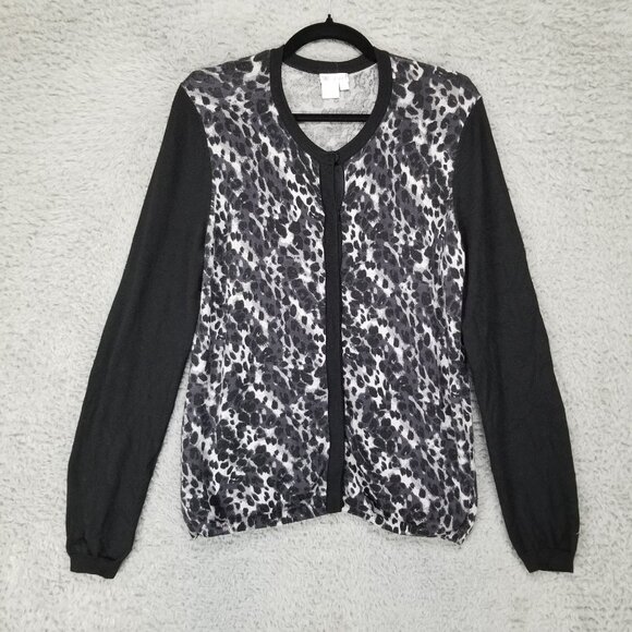 Worth Sweater Womens Large Black Gray Leopard Long Sleeve Full Snap Cardigan - Picture 1 of 7